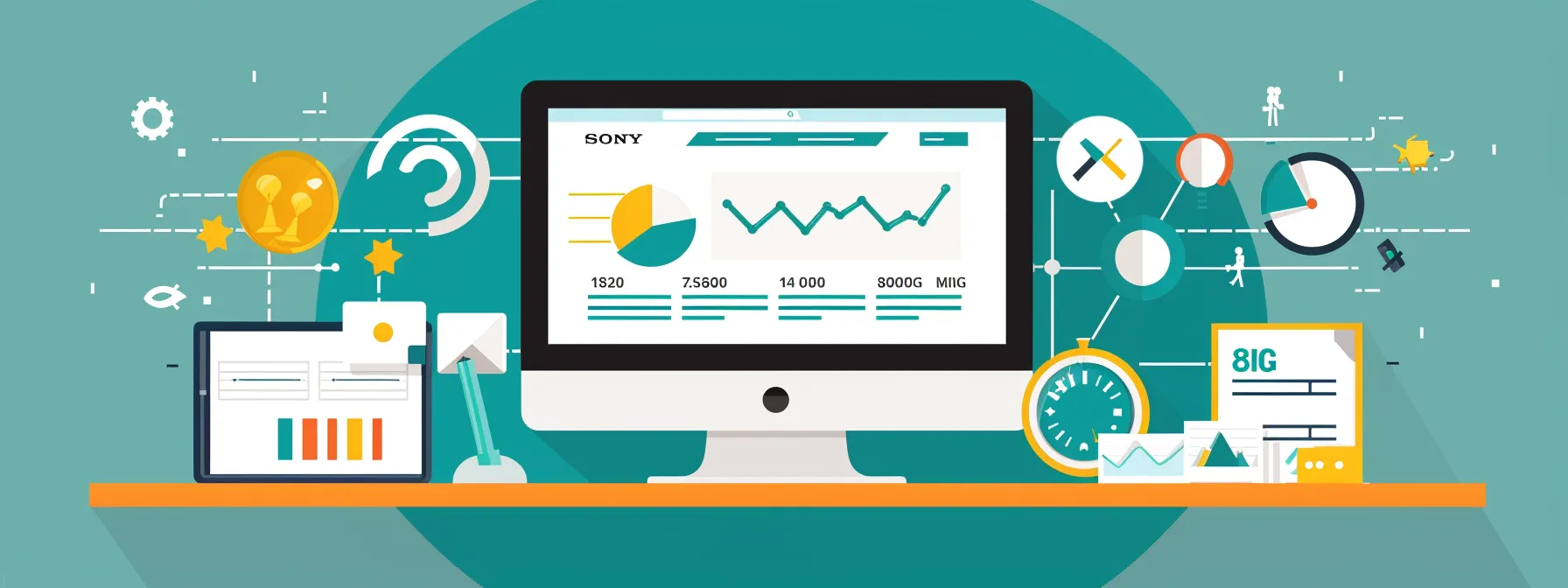 a computer screen displaying a website's search engine ranking increasing with various seo strategies implemented, surrounded by charts and graphs showing improved visibility.