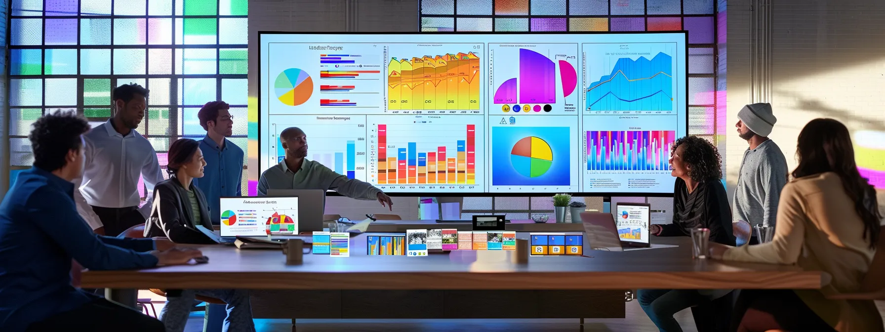 a group of marketing professionals studying a detailed analytics report on a large computer screen, surrounded by colorful graphs and charts, in a modern office setting.