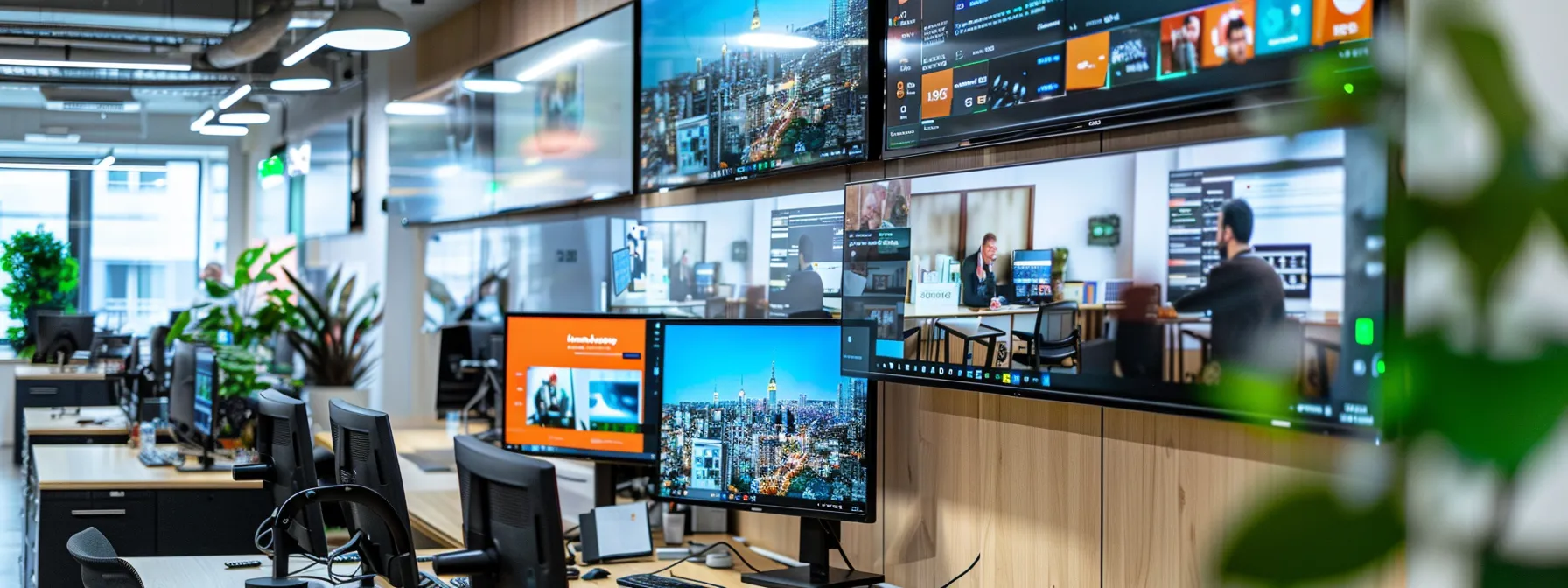 vibrant social media campaign displayed on multiple screens in a bustling office setting.