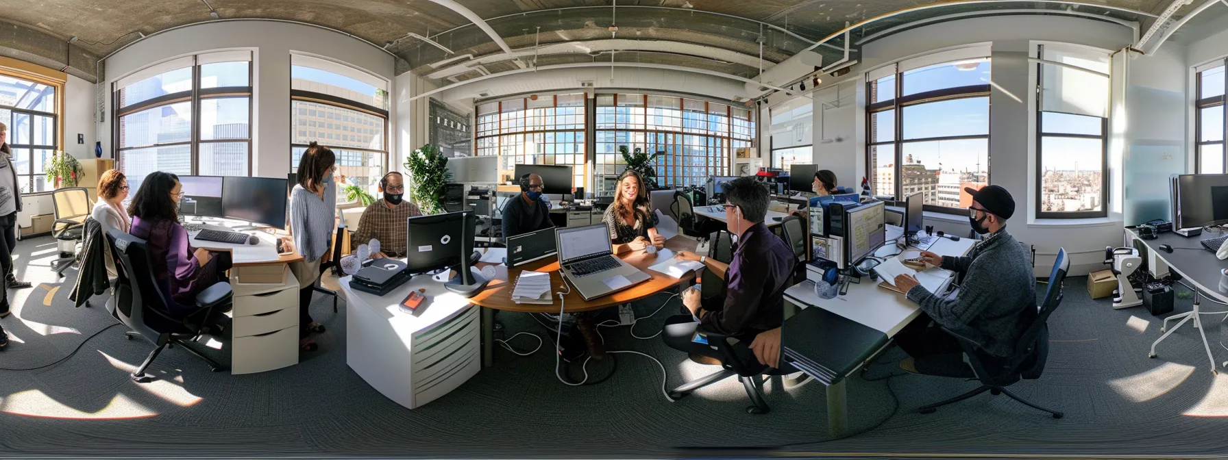 a diverse team of marketers collaborating on advanced ai algorithms in a modern, tech-savvy workspace.